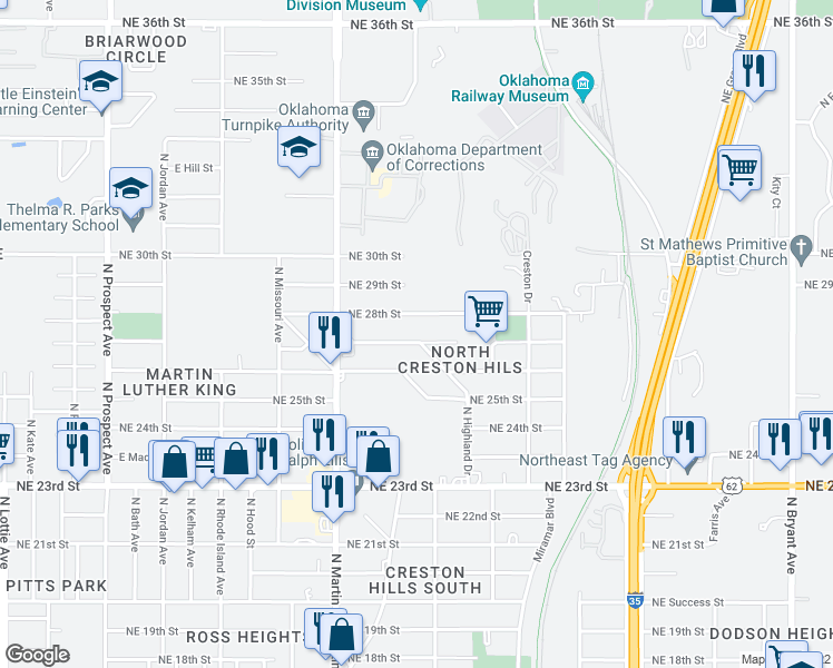 map of restaurants, bars, coffee shops, grocery stores, and more near 2105 Northeast 27th Street in Oklahoma City