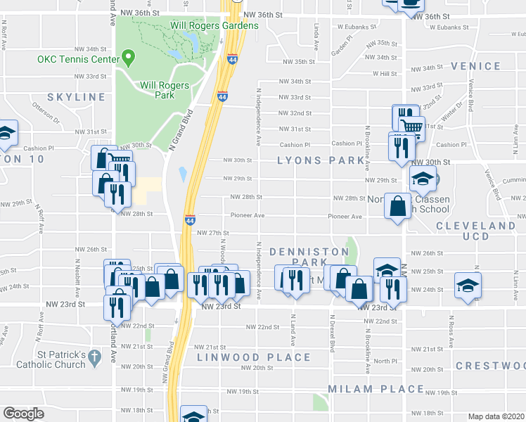 map of restaurants, bars, coffee shops, grocery stores, and more near 3245 Pioneer Avenue in Oklahoma City