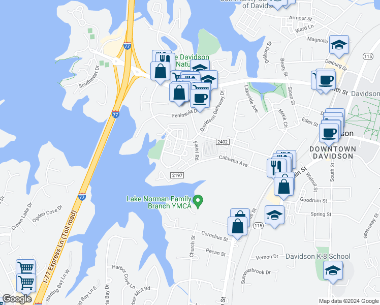 map of restaurants, bars, coffee shops, grocery stores, and more near 326 Center Drive in Davidson