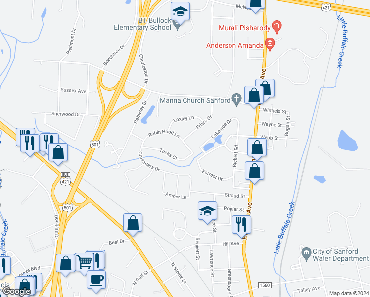 map of restaurants, bars, coffee shops, grocery stores, and more near 311 Robin Hood Lane in Sanford
