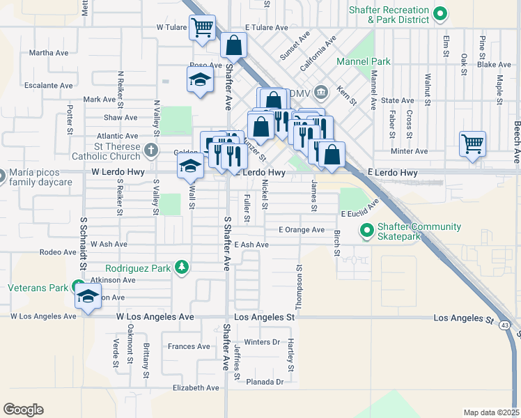 map of restaurants, bars, coffee shops, grocery stores, and more near 253 Nickel Street in Shafter