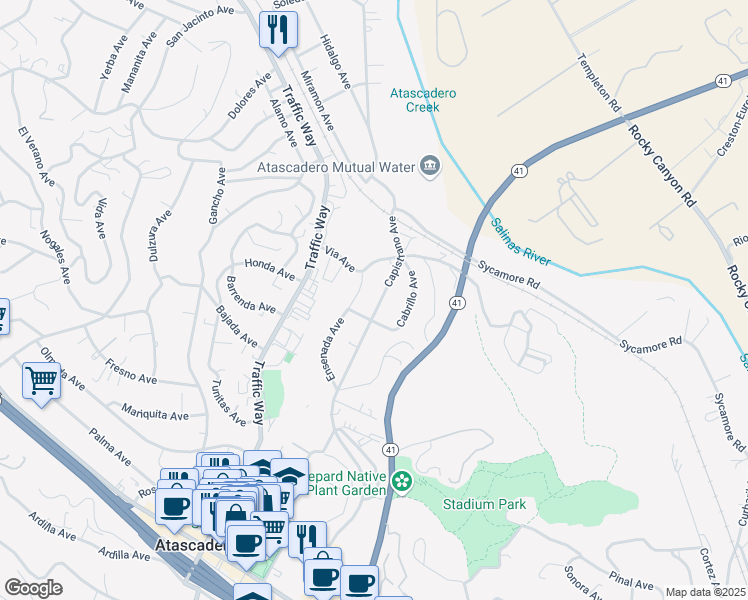 map of restaurants, bars, coffee shops, grocery stores, and more near 5325 Capistrano Avenue in Atascadero