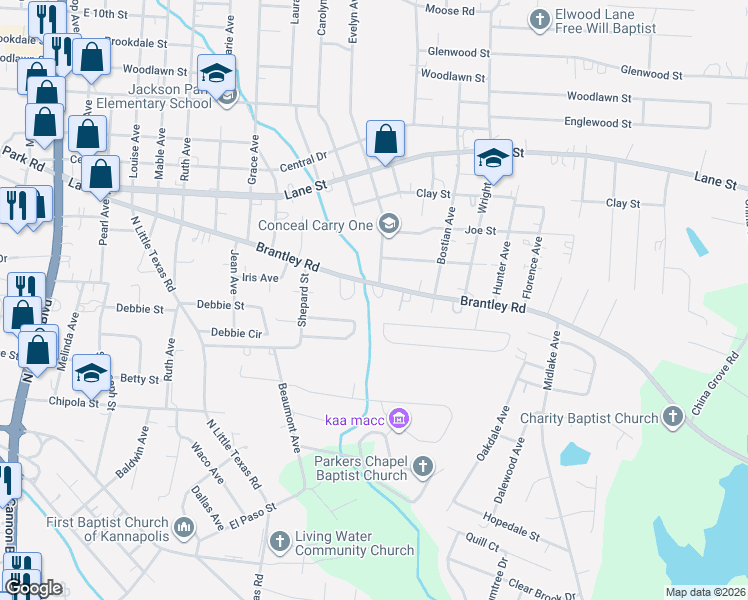 map of restaurants, bars, coffee shops, grocery stores, and more near 2031 Brantley Creek Drive in Kannapolis