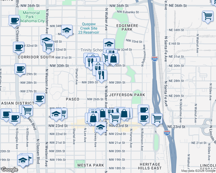 map of restaurants, bars, coffee shops, grocery stores, and more near 2801 North Walker Avenue in Oklahoma City