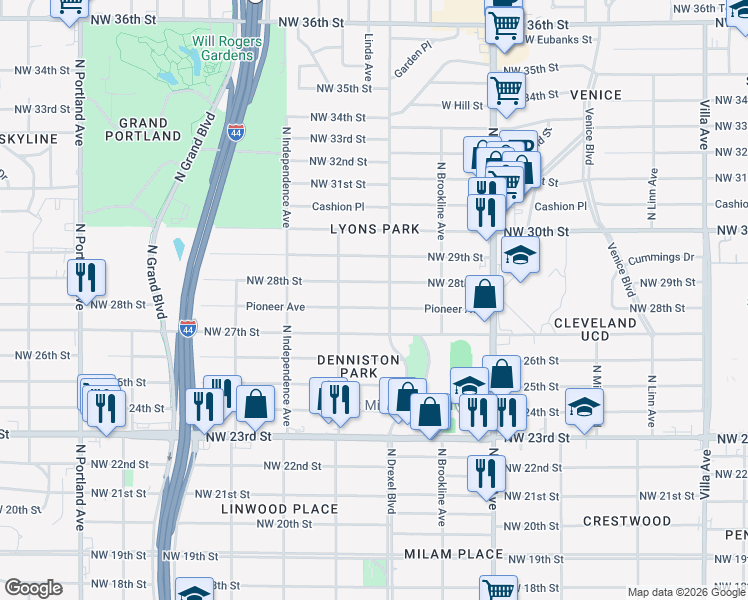map of restaurants, bars, coffee shops, grocery stores, and more near 3104 Pioneer Avenue in Oklahoma City