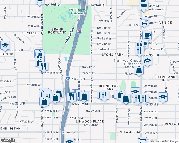 map of restaurants, bars, coffee shops, grocery stores, and more near 3308 Pioneer Avenue in Oklahoma City