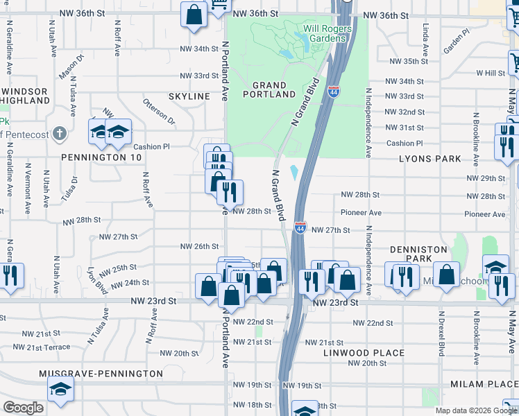 map of restaurants, bars, coffee shops, grocery stores, and more near 3512 Northwest 28th Street in Oklahoma City