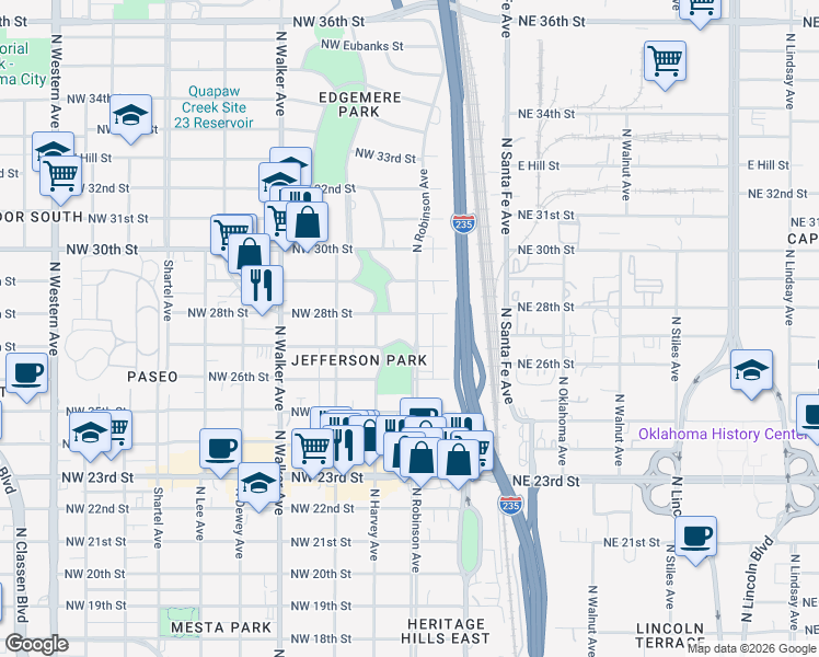 map of restaurants, bars, coffee shops, grocery stores, and more near 221 Northwest 27th Street in Oklahoma City