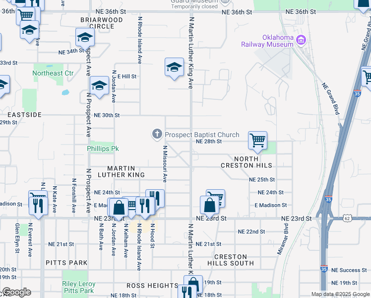 map of restaurants, bars, coffee shops, grocery stores, and more near 1931 Northeast 27th Street in Oklahoma City