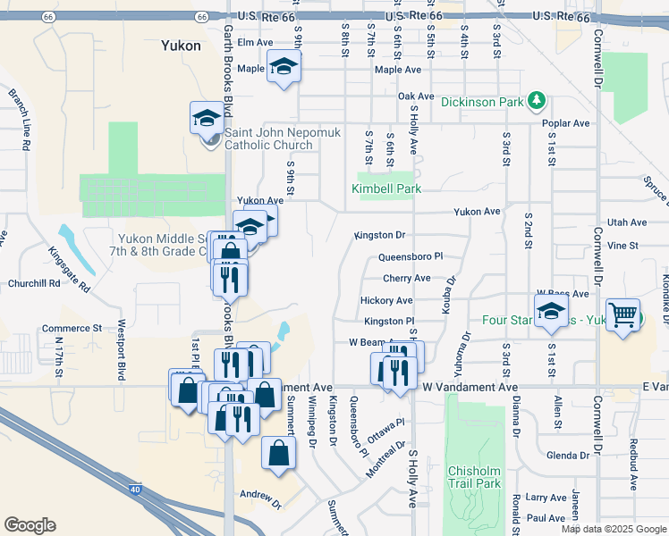 map of restaurants, bars, coffee shops, grocery stores, and more near 725 Kingston Drive in Yukon