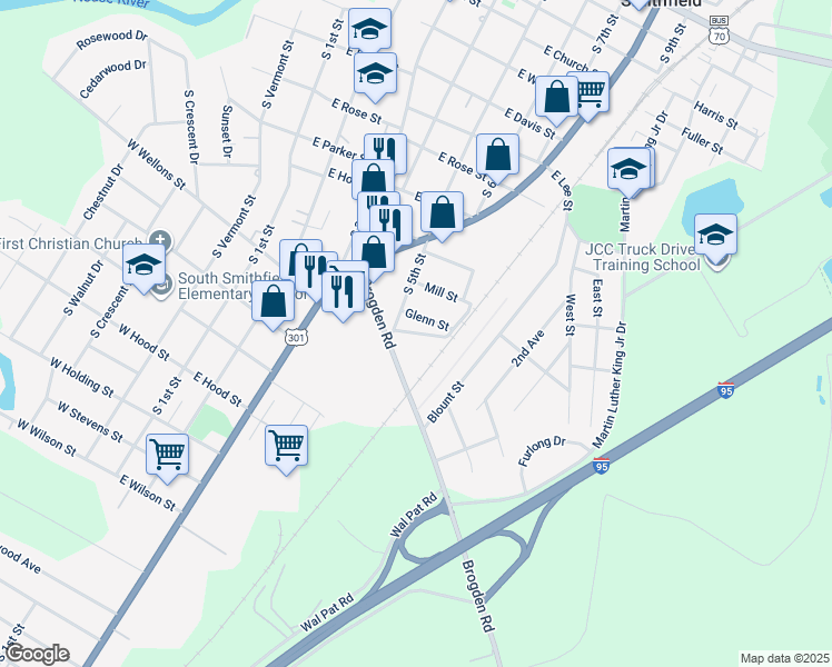 map of restaurants, bars, coffee shops, grocery stores, and more near Crump Street in Smithfield