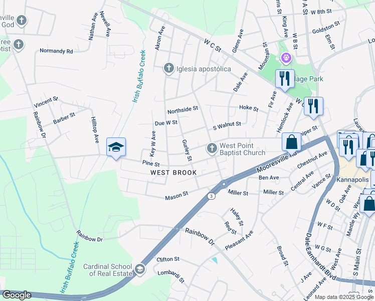 map of restaurants, bars, coffee shops, grocery stores, and more near Gurley Street in Kannapolis