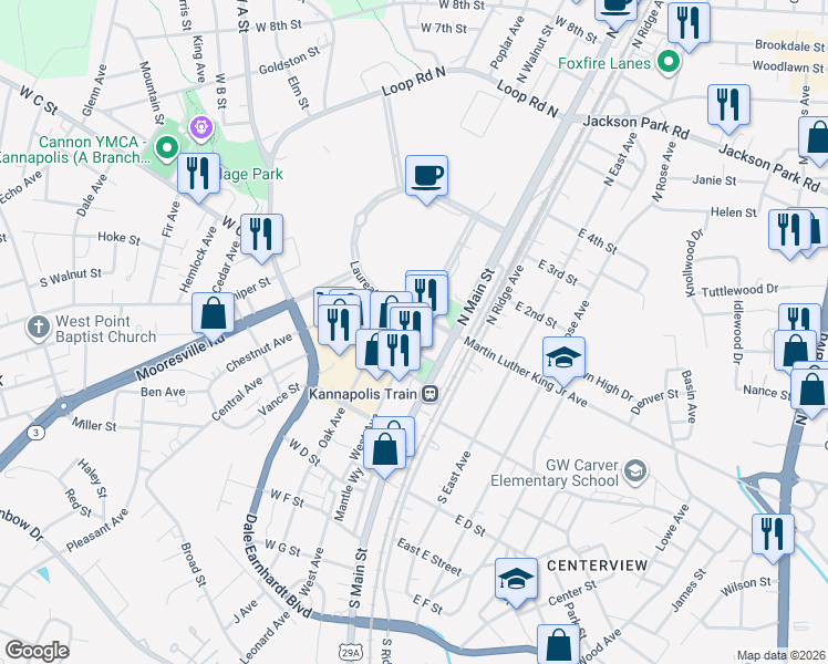 map of restaurants, bars, coffee shops, grocery stores, and more near 101 West Avenue in Kannapolis
