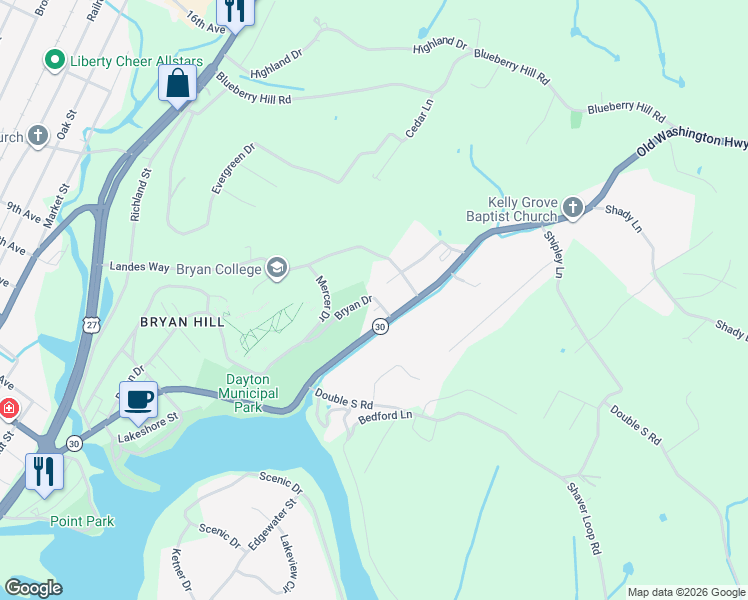 map of restaurants, bars, coffee shops, grocery stores, and more near 1052 Bryan Drive in Dayton