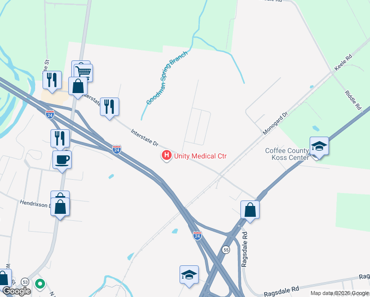 map of restaurants, bars, coffee shops, grocery stores, and more near 432-728 Interstate Drive in Manchester