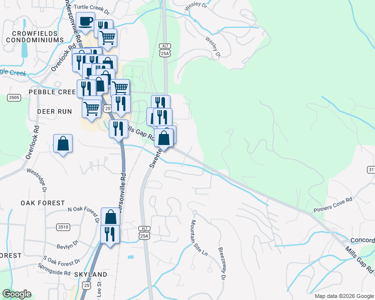 map of restaurants, bars, coffee shops, grocery stores, and more near 60 Mills Gap Road in Asheville