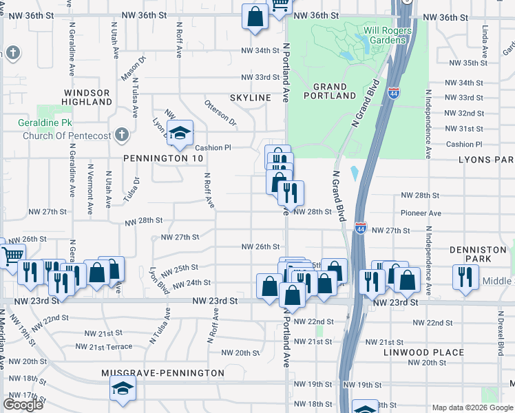 map of restaurants, bars, coffee shops, grocery stores, and more near 2826 North Nesbitt Avenue in Oklahoma City