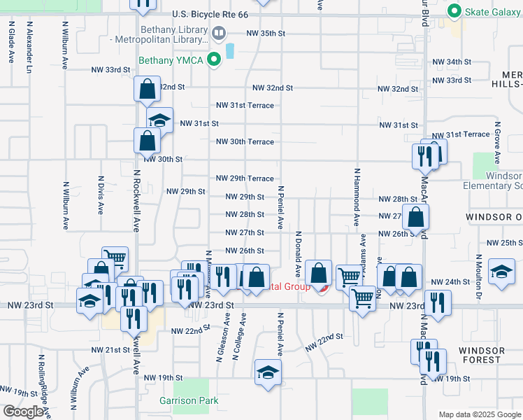 map of restaurants, bars, coffee shops, grocery stores, and more near 6610 Northwest 28th Street in Bethany