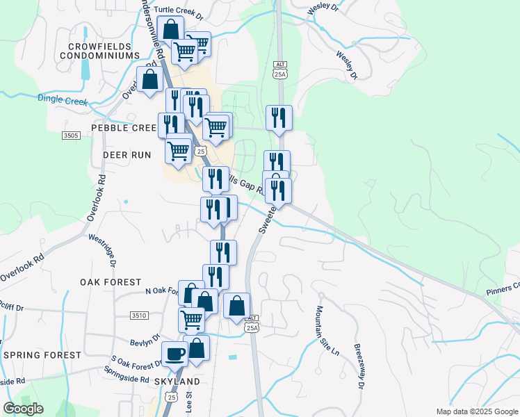 map of restaurants, bars, coffee shops, grocery stores, and more near 99999 Sweeten Creek Road in Asheville