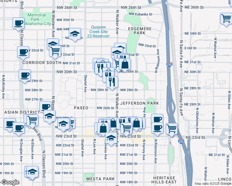 map of restaurants, bars, coffee shops, grocery stores, and more near 2801 North Walker Avenue in Oklahoma City