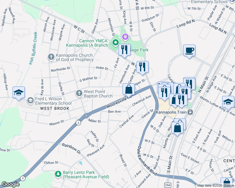 map of restaurants, bars, coffee shops, grocery stores, and more near 714 Pine Street in Kannapolis