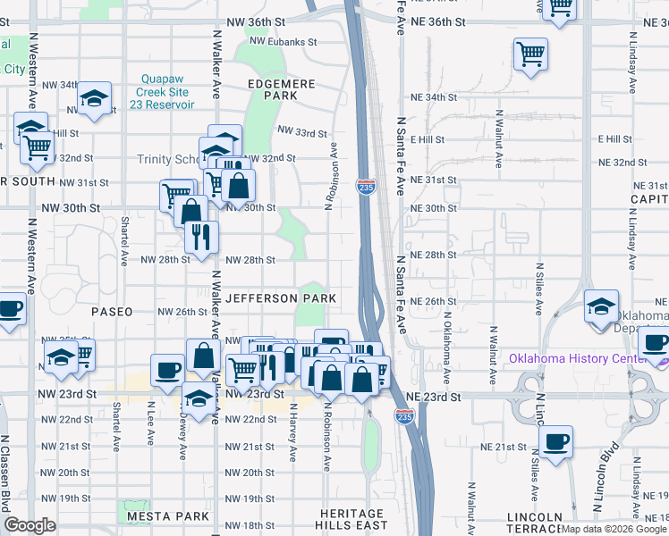 map of restaurants, bars, coffee shops, grocery stores, and more near 2818 North Robinson Avenue in Oklahoma City