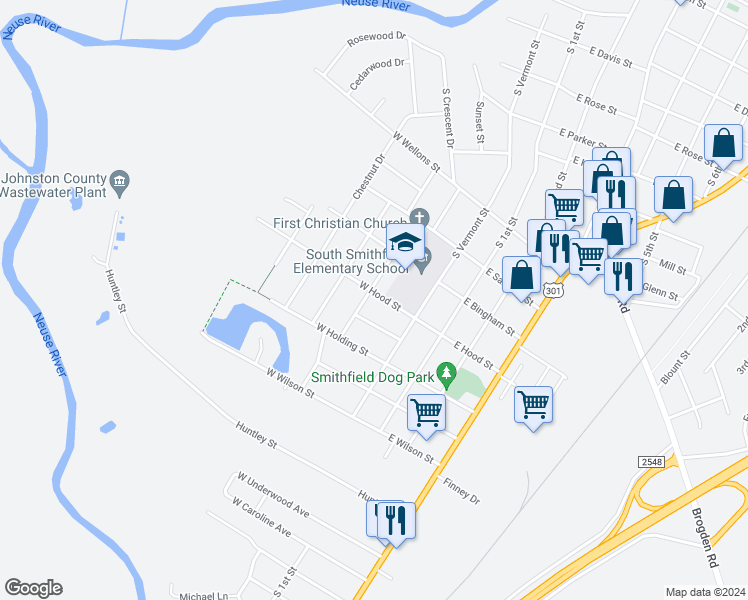 map of restaurants, bars, coffee shops, grocery stores, and more near 1201 South Crescent Drive in Smithfield