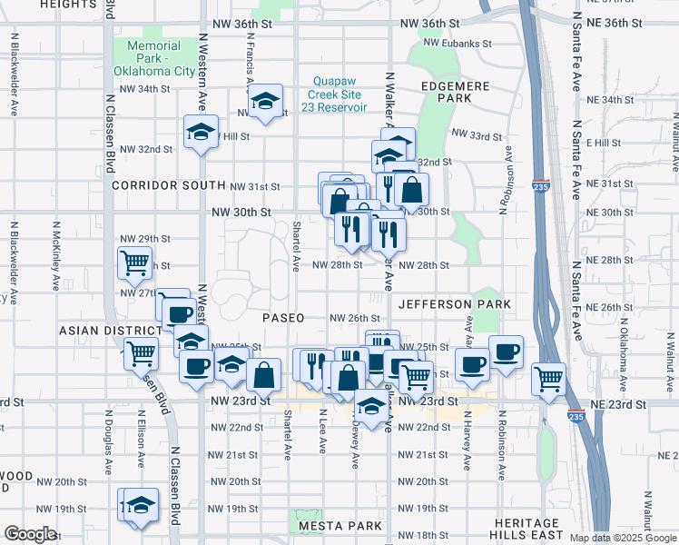map of restaurants, bars, coffee shops, grocery stores, and more near 627 Northwest 27th Street in Oklahoma City