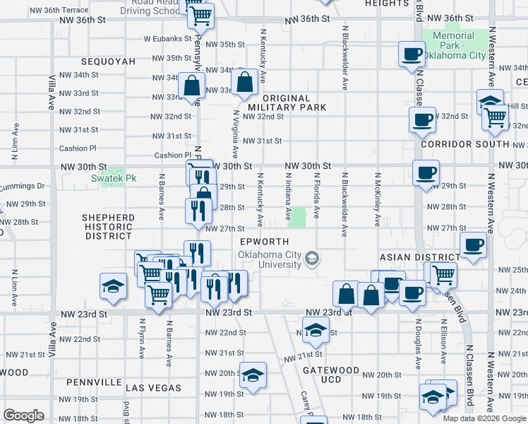 map of restaurants, bars, coffee shops, grocery stores, and more near 1829 Northwest 27th Street in Oklahoma City