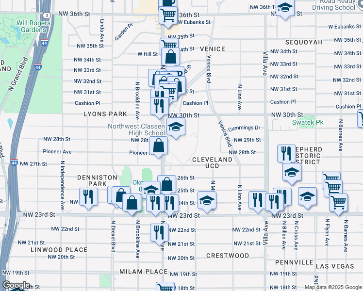 map of restaurants, bars, coffee shops, grocery stores, and more near 2801-2857 Northwest 27th Street in Oklahoma City