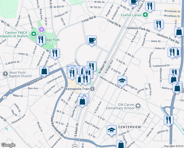 map of restaurants, bars, coffee shops, grocery stores, and more near 101 West Avenue in Kannapolis