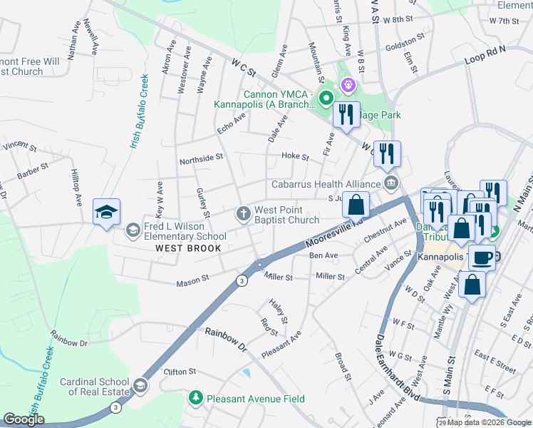 map of restaurants, bars, coffee shops, grocery stores, and more near 404 Cypress Avenue in Kannapolis