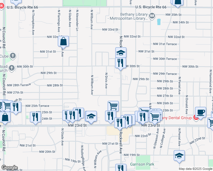 map of restaurants, bars, coffee shops, grocery stores, and more near 2900 North Divis Avenue in Bethany