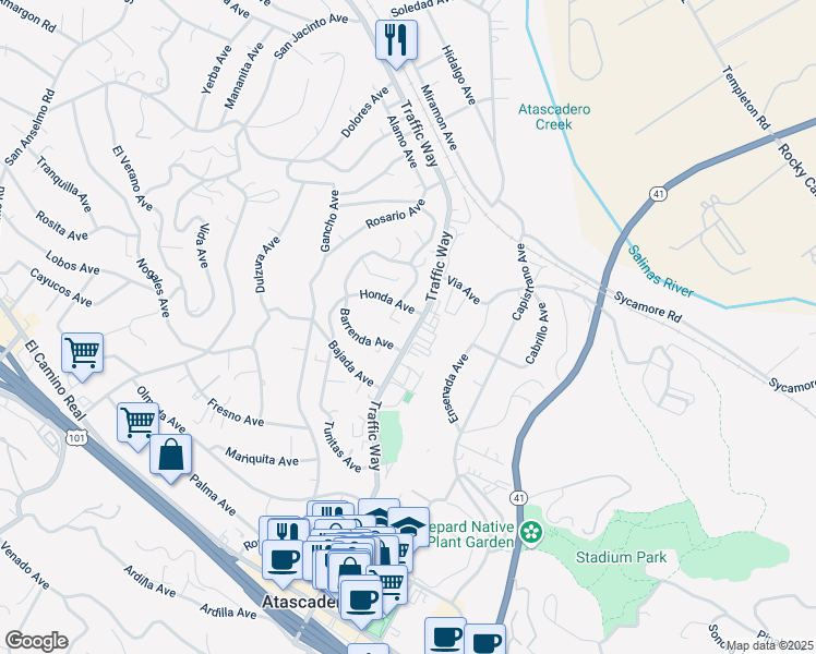 map of restaurants, bars, coffee shops, grocery stores, and more near 5320 Traffic Way in Atascadero
