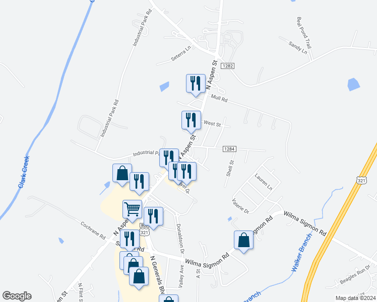 map of restaurants, bars, coffee shops, grocery stores, and more near 121 Eastview Drive in Lincolnton
