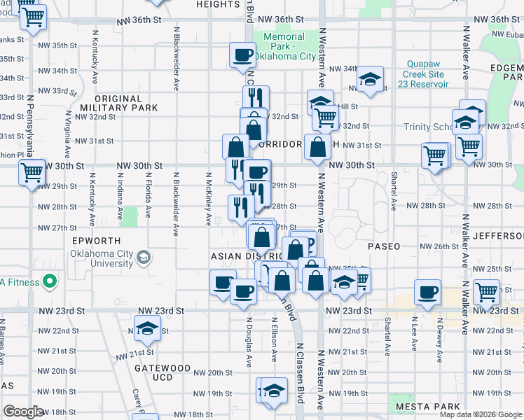 map of restaurants, bars, coffee shops, grocery stores, and more near 1216 Northwest 29th Street in Oklahoma City