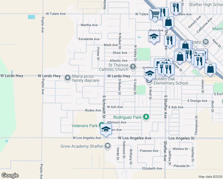 map of restaurants, bars, coffee shops, grocery stores, and more near 443 West Marengo Avenue in Shafter