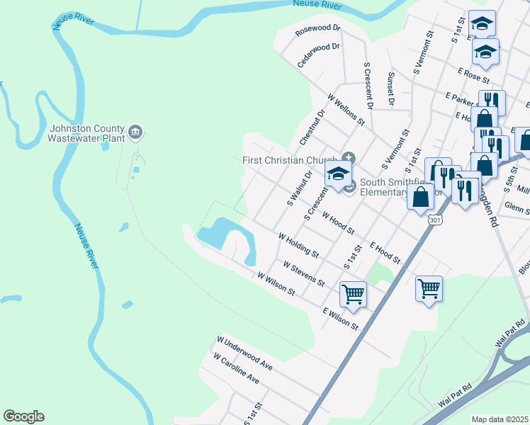 map of restaurants, bars, coffee shops, grocery stores, and more near 1213 Chestnut Drive in Smithfield