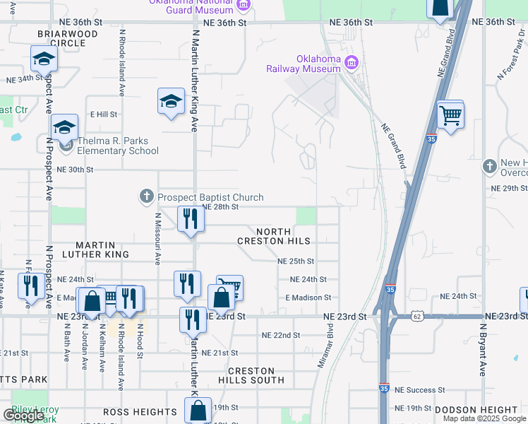 map of restaurants, bars, coffee shops, grocery stores, and more near 2124 Northeast 28th Street in Oklahoma City