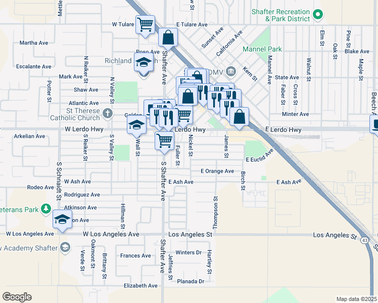 map of restaurants, bars, coffee shops, grocery stores, and more near 218 East Marengo Avenue in Shafter