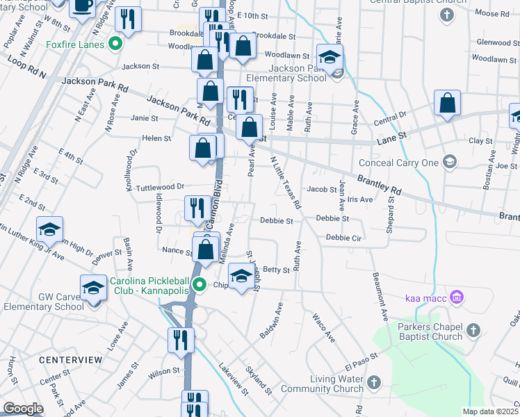 map of restaurants, bars, coffee shops, grocery stores, and more near 402 Pearl Avenue in Kannapolis