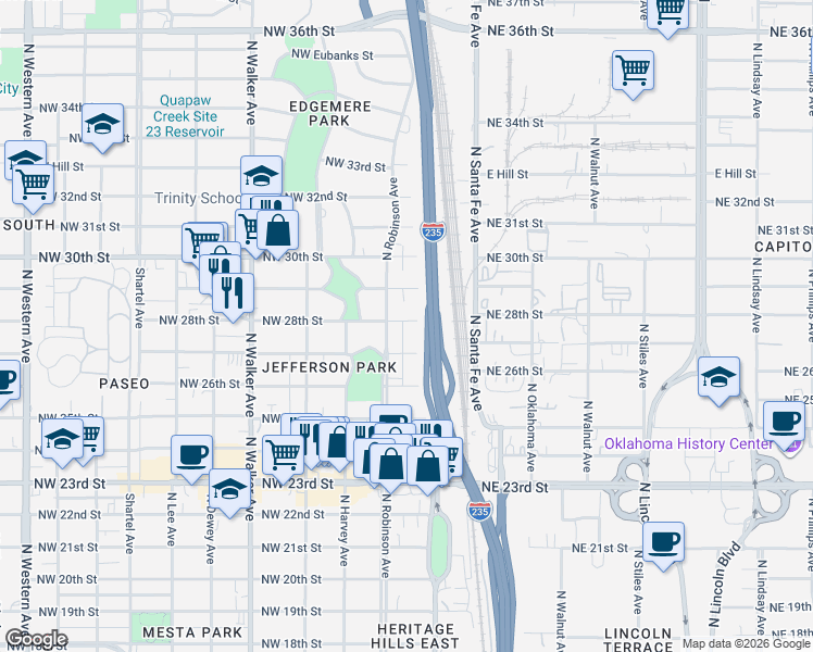 map of restaurants, bars, coffee shops, grocery stores, and more near 124 Northwest 29th Street in Oklahoma City