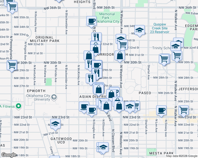 map of restaurants, bars, coffee shops, grocery stores, and more near 1216 Northwest 29th Street in Oklahoma City
