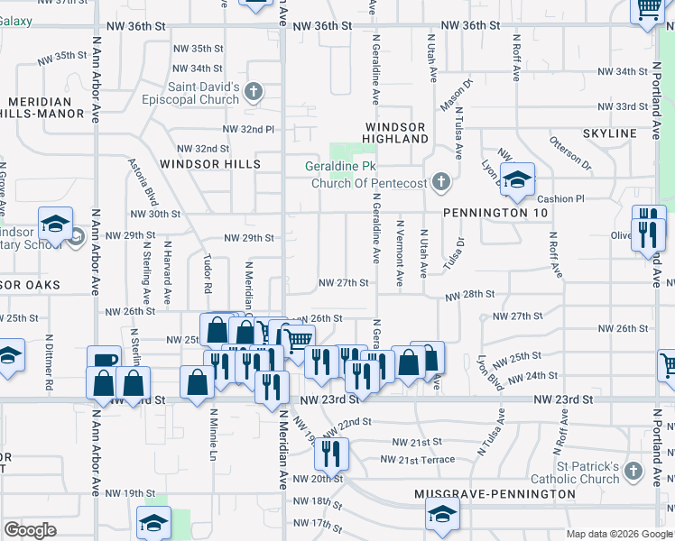 map of restaurants, bars, coffee shops, grocery stores, and more near 2900 North Warren Avenue in Oklahoma City