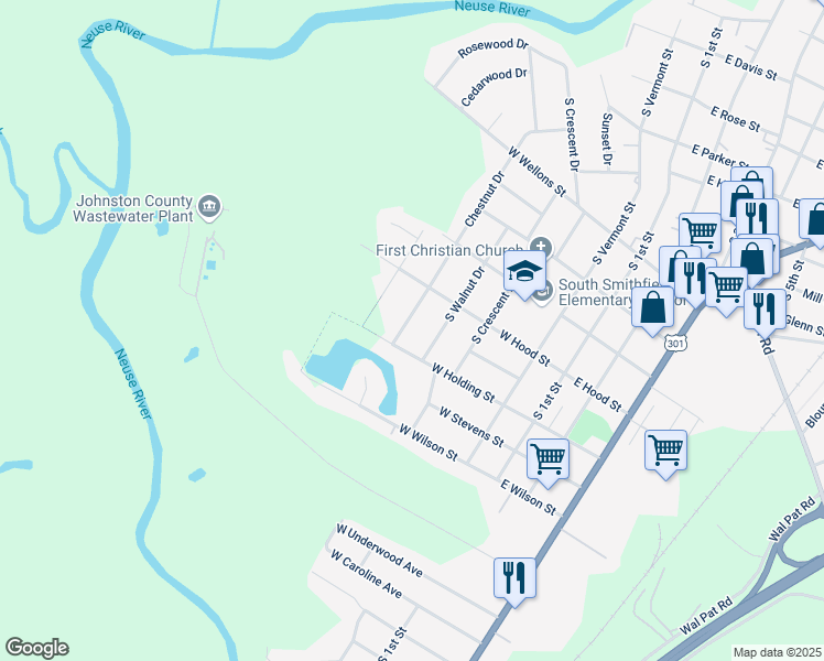 map of restaurants, bars, coffee shops, grocery stores, and more near 1213 Chestnut Drive in Smithfield