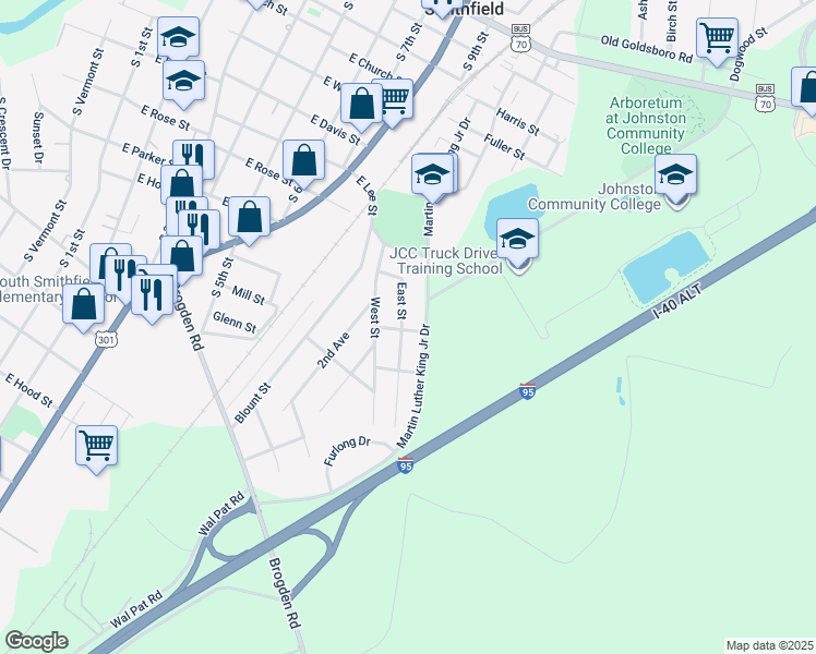 map of restaurants, bars, coffee shops, grocery stores, and more near 719 East Street in Smithfield