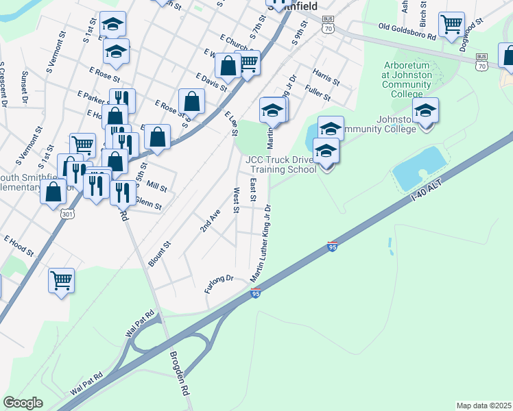 map of restaurants, bars, coffee shops, grocery stores, and more near 719 East Street in Smithfield