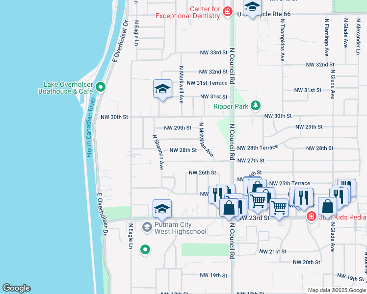 map of restaurants, bars, coffee shops, grocery stores, and more near 8201 Northwest 28th Terrace in Bethany