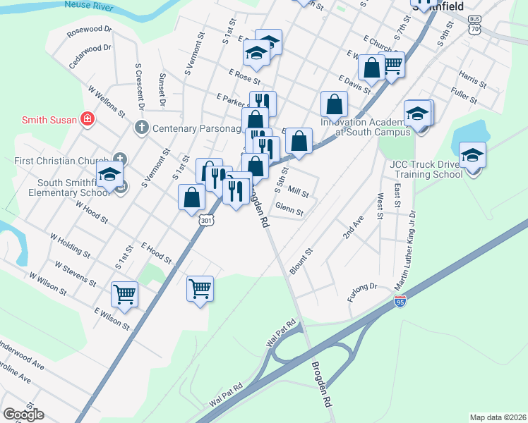 map of restaurants, bars, coffee shops, grocery stores, and more near 832 South 5th Street in Smithfield