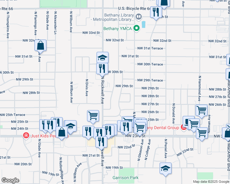 map of restaurants, bars, coffee shops, grocery stores, and more near 2908 North Holloway Avenue in Bethany
